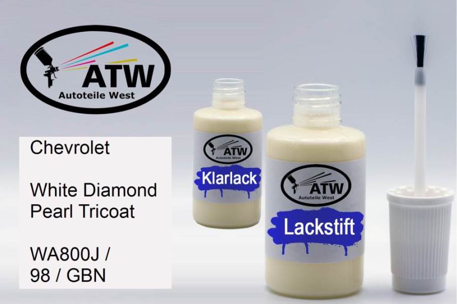 Chevrolet, White Diamond Pearl Tricoat, WA800J / 98 / GBN: 20ml Lackstift + 20ml Klarlack - Set, von ATW Autoteile West.